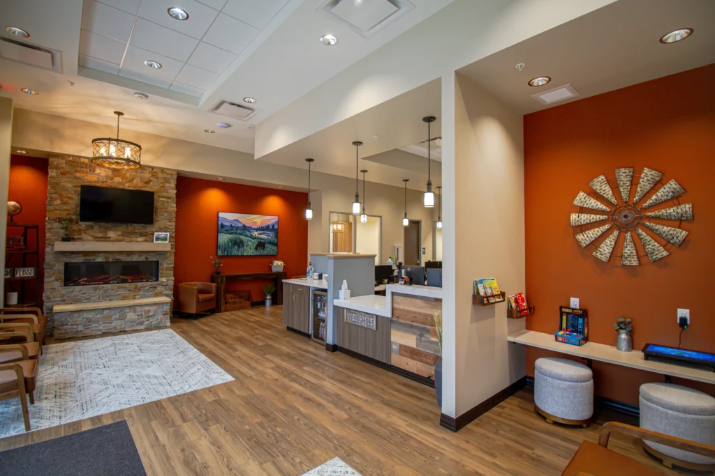 Our newly renovated dental office in Cheyenne, WY at Sunlight Dental. We have games for kids, a complimentary refreshment station, comfortable chairs, TVs, and a fire place to stay warm in the winter months!